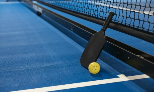 Pickleball paddle resting against net with yellow ball on blue court